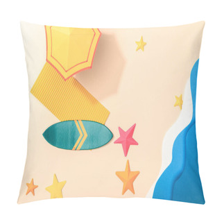 Personality  Top View Of Paper Beach With Starfishes, Towel, Umbrella And Surfboard On Sand Near Sea Pillow Covers