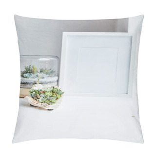 Personality  Green Succulents In Flowerpot And Seashell Near Empty Photo Frame On White Surface, Home Decor Pillow Covers