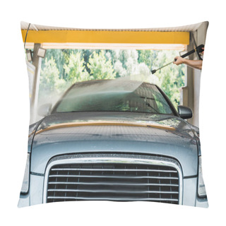 Personality  Cropped View Of Cleaner Standing And Washing Grey Automobile Outside Pillow Covers
