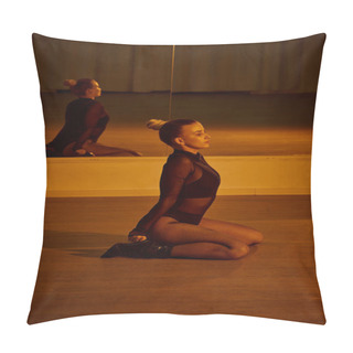 Personality  Reflection  In The Mirror Of Young Woman In Black Clothing And High Heels Sitting On Dance Floor Pillow Covers