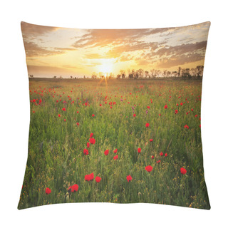 Personality  Poppy Field. Meadow With Blossoming Poppies.  Pillow Covers