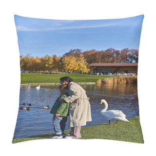 Personality  Bonding, African American Woman And Son In Outerwear Standing Near Swans In Pond, Autumn Season Pillow Covers