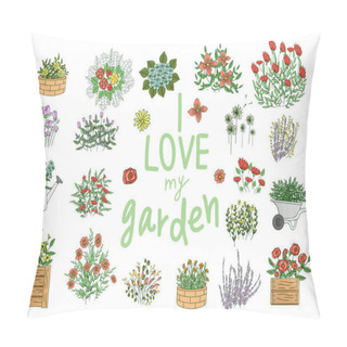 Personality  Vector Set Of Colorful Garden Tools, Flowers, Herbs, Plants Pillow Covers