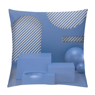 Personality  3d Render. Minimal Abstract Background. Blank Mockup, Empty Wall, Fashion Podium, Vacant Pedestal, Cylinder Steps, Stage Interior, Showcase. Modern Concept. Classic Blue Color Of The Year 2020 Pillow Covers