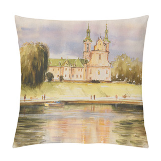 Personality  The Historic Church On The Rock, Also Called Skalka, The Pauline Church And St Stanislaw's Church, On The Banks Of The River Vistula In Krakow, Poland. Picture Created With Watercolors. Pillow Covers