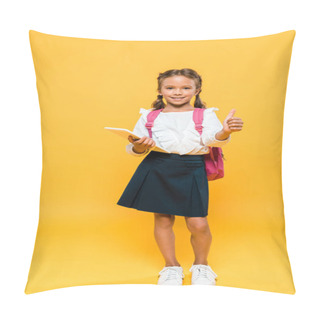 Personality  Happy Schoolkid Holding Books And Showing Thumb Up On Orange  Pillow Covers