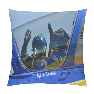 Personality  PIRASSUNUNGA, BRAZIL - May 13, 2017 - 65th Celebration Of The Smoke Squadron. View Of The Cockpit Before The Air Shows Start, Pilot Waving. Pillow Covers