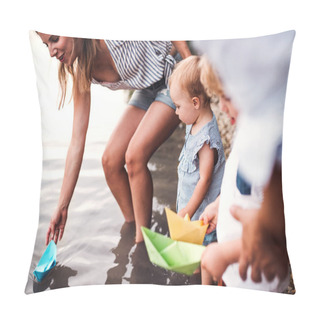 Personality  A Midsection Of Family With Two Toddler Children Outdoors By The River In Summer. Pillow Covers