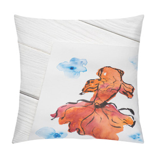 Personality  Top View Of Paper With Japanese Painting With Orange Fish On Wooden Background Pillow Covers