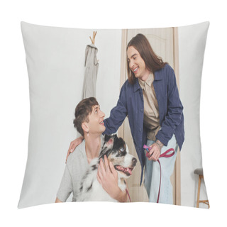 Personality  Happy Tattooed Gay Man With Long Hair Smiling And Holding Leash While Touching Back Of Cheerful Boyfriend Cuddling Australian Shepherd Dog Next To Coat Rack And Door In Modern Hallway  Pillow Covers