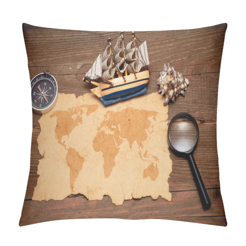 Personality  Model classic boat, compass and loupe on wood background pillow covers