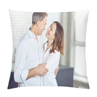 Personality  Mature Couple Happy Hugging Indoors. Pillow Covers