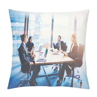 Personality  Group Of Four Corporate Business People Communicating And Discussing Productive Ideas During Business Meeting In Office Interior. Employees Brainstorming At Conference. Successful Team Of Colleagues Pillow Covers