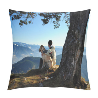Personality  Man Enjoying Mountain View With His Dog Pillow Covers