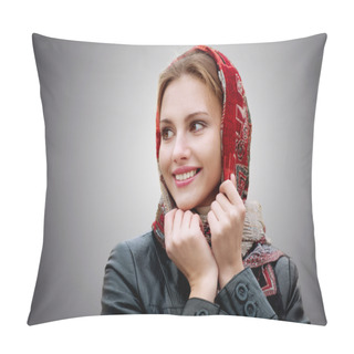 Personality  Young Beautiful Woman In A Red Scarf Pillow Covers