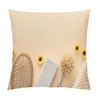 Personality  Top View Of Toothbrush, Hairbrush, Body Brush, Bath Sponge And Pumice Stone On Beige Background With Flowers Pillow Covers