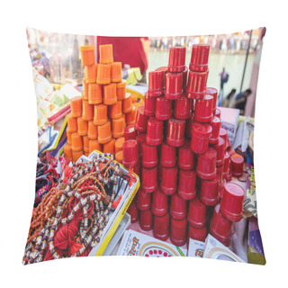 Personality  Hindu Holy Vermilion Kept For Selling At Street Shop At Morning Pillow Covers