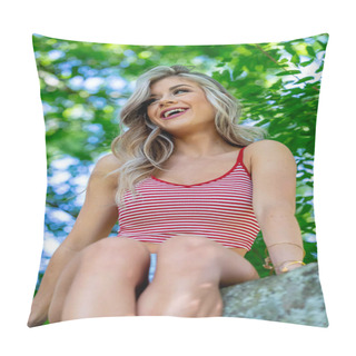 Personality  Amidst Blossoming Spring, A Beautiful Mexican American Woman Gracefully Poses In A Tree, Blending Nature's Beauty With Her Own, Capturing A Serene Moment Pillow Covers
