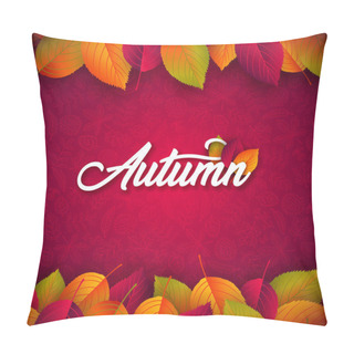 Personality  Autumn Illustration With Falling Leaves And Lettering On Red Background. Autumnal Vector Design With Hand Drawn Doodles For Greeting Card, Banner, Flyer, Invitation, Brochure Or Promotional Poster. Pillow Covers
