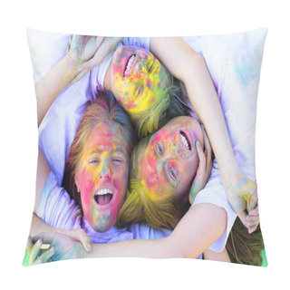 Personality  Unite. Crazy Hipster Girls. Summer Weather. Happy Youth Party. Optimist. Spring Vibes. Positive And Cheerful. Children With Creative Body Art. Colorful Neon Paint Makeup. Friendship And Sisterhood Pillow Covers