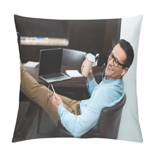 Personality  Businessman In Headphones With Coffee Cup Pillow Covers