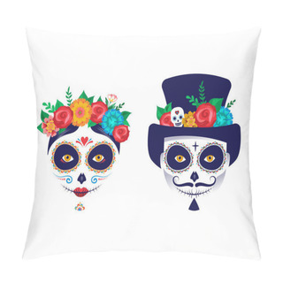 Personality  Dia De Los Muertos, Day Of The Dead, Mexican Holiday, Festival. Vector Poster, Banner And Card With Make Up Of Sugar Skull, Woman And Man Pillow Covers