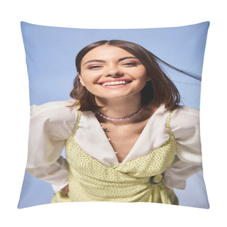 Personality  A Joyful Young Woman With Brunette Hair Smiles Brightly At The Camera, Dressed In A Vibrant Yellow Outfit. Pillow Covers