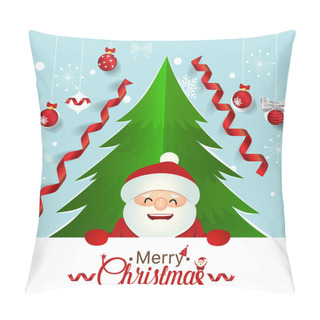 Personality  Christmas Greeting Card With Santa Claus, Christmas Tree And Christmas Decorations. Vector Illustration. Pillow Covers