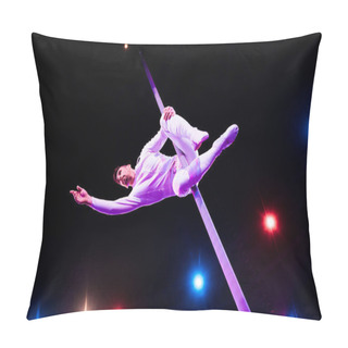 Personality  Back Light Near Handsome Acrobat Holding Metallic Pole While Performing In Circus  Pillow Covers