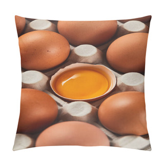Personality  Selective Focus Of Broken Eggshell With Yellow Yolk Near Eggs In Carton Box Pillow Covers