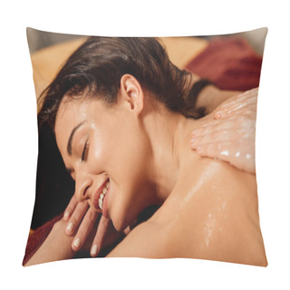 Personality  Smiling Young Woman Lying With Closed Eyes During Ayurvedic Massage Pillow Covers