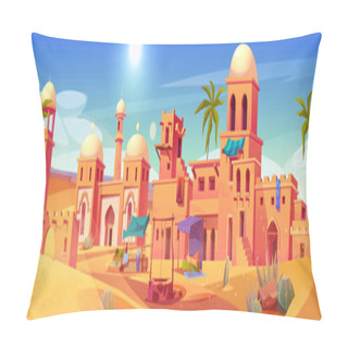 Personality  Ancient Arab City With Market And Palace In Desert. Vector Cartoon Illustration Of Sandy Area With Traditional Yellow Houses, Antique Castle, Islamic Mosque Buildings, Palms. Travel Game Background Pillow Covers