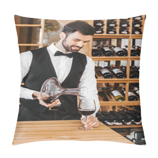 Personality  Handsome Young Sommelier Pouring Wine From Decanter At Wine Store Pillow Covers