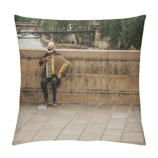 Personality  Old Man Playing Accordion Over Bridge At The Seine River In Paris Pillow Covers