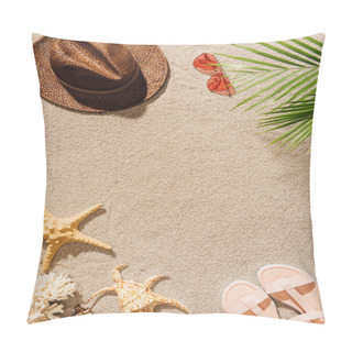 Personality  Top View Of Stylish Straw Hat With Sunglasses And Sandals On Sandy Beach Pillow Covers