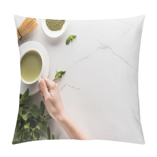 Personality  Top View Of Woman Holding Matcha Matcha Tea On Table With Whisk, Powder And Mint  Pillow Covers
