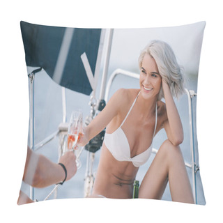 Personality  Cropped Image Of Man And Smiling Girlfriend In Swimwear Clinking By Champagne Glasses On Yacht  Pillow Covers