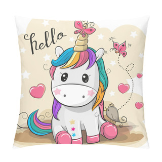 Personality  Cute Cartoon Unicorn With Butterflies And A Bird Pillow Covers