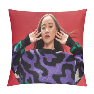 Personality  Pretty Young Asian Woman With Dyed Hair In Sweater With Animal Print Posing With Hands Near Face Pillow Covers