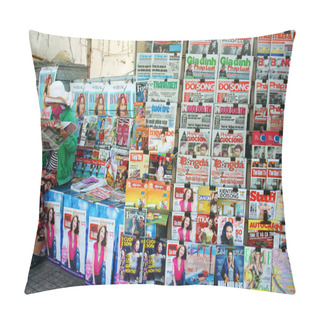 Personality   Newspaper Stand On Pavement Pillow Covers