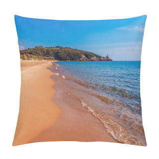 Personality  Panoramic Sea Beach Landscape Near Gaeta, Lazio, Italy. Nice Sand Beach And Clear Blue Water. Famous Tourist Destination In Riviera De Ulisse. Bright Sunny Light And Sunset. Pillow Covers