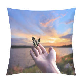Personality  Flying Butterfly And Human Hands On Abstract Sunny Natural Background. Freedom, Save Wild Nature, Ecology Concept. Encounter Man And Nature. Harmony, Peaceful Atmosphere Landscape. Copy Space. Pillow Covers