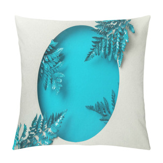 Personality  Blue Decorative Fern Leaves In Round Hole On White Paper  Pillow Covers