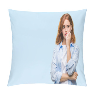 Personality  Young Beautiful Business Woman Over Isolated Background Looking Stressed And Nervous With Hands On Mouth Biting Nails. Anxiety Problem. Pillow Covers
