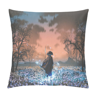 Personality  Ancient Warrior With The Magic Spear Standing In The Meadow, Digital Art Style, Illustration Painting Pillow Covers