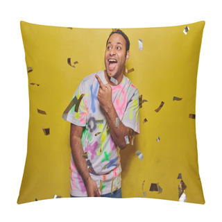 Personality  Positive Indian Man Pointing Away With Finger Near Falling Confetti On Yellow Backdrop, Party Pillow Covers