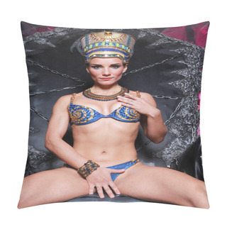 Personality  Beautiful Thin Egyptian Woman With Pronounced Cheekbones In A Huge Gold Headdress Without Hair In A Blue Swimsuit On The Background In The Studio Pillow Covers