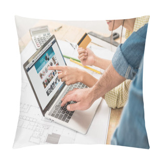 Personality  Cropped Shot Of Young Couple With Credit Card Using Laptop With Amazon Website Pillow Covers