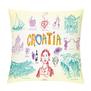 Personality  Croatia Culture And Tourist Spots Doodle Handdrawn Style Images. Vector EPS10 Illustration Outline Art And Jpg Versions. Pillow Covers