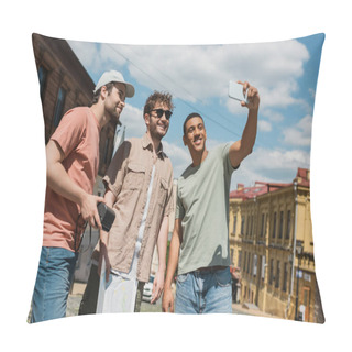 Personality  Cheerful African American Traveler Taking Photo On Smartphone With Multiethnic Men On Andrews Descent In Kyiv Pillow Covers